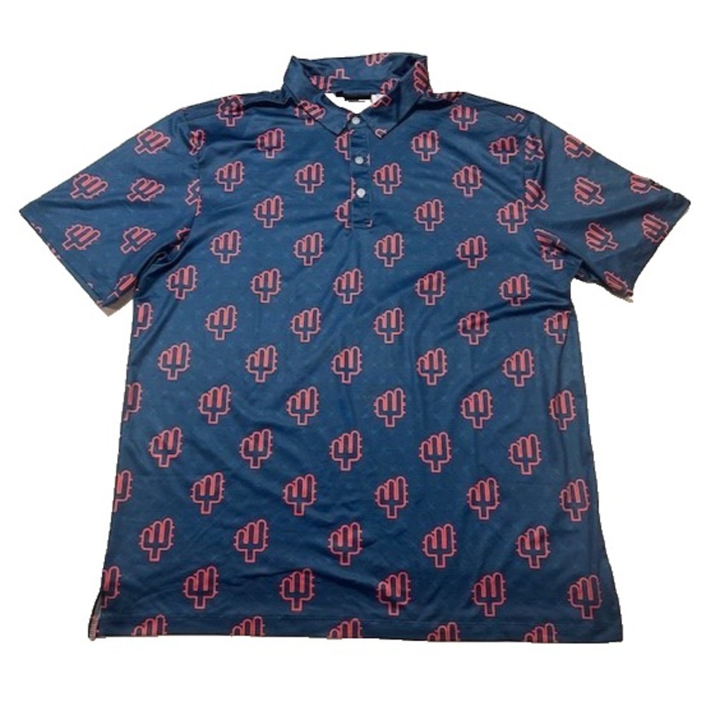 Yatta Men's Golf Polo Cactus All Over Print Shirt Blue/Orange Short Sleeve - XL